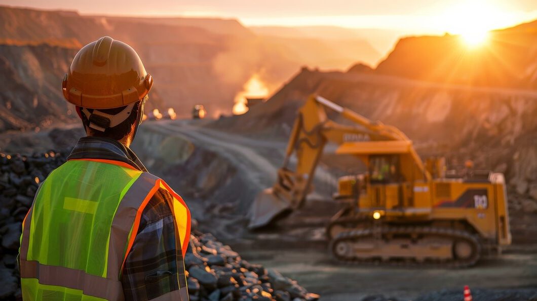 Construction worker on mining site with heavy machines in background