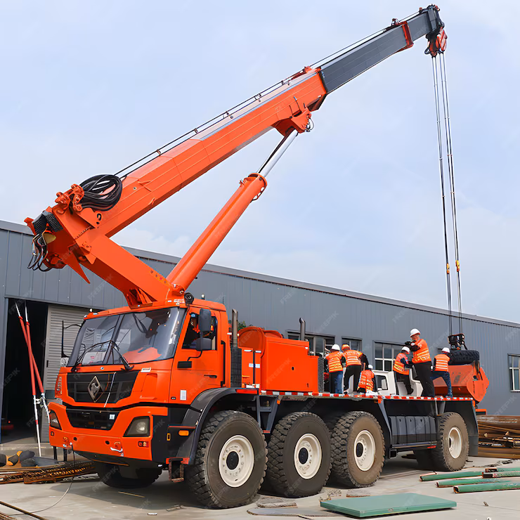 Red crane is lifting piece of equipment from building